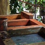 Dyeing vats at the batik workshop in Sri Lanka